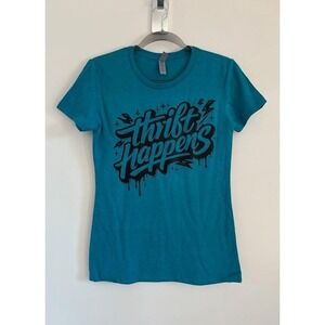 Thrift Happens Teal Heather Graphic T-Shirt Womens Medium